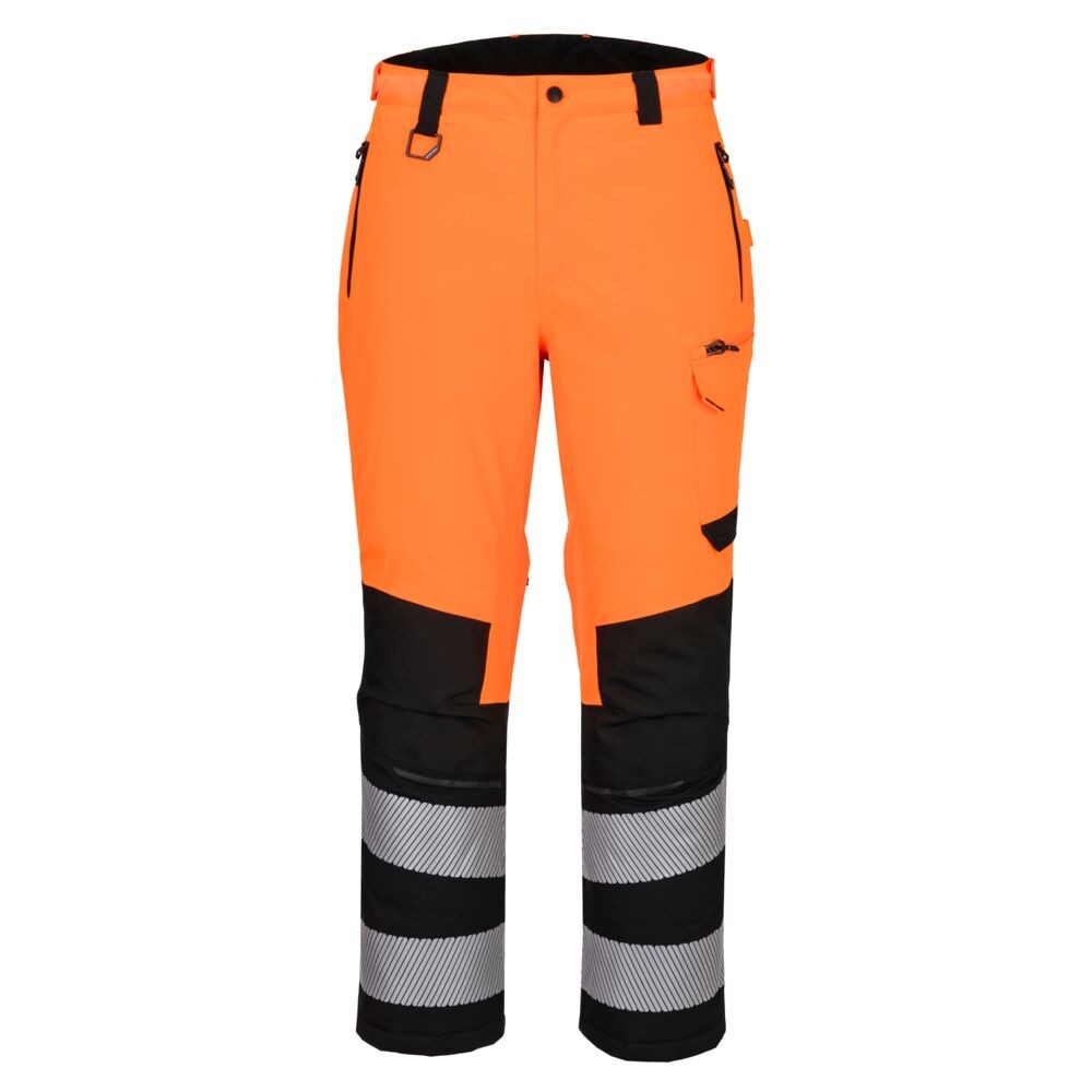A pair of high-visibility orange trousers featuring retroreflective tape panels, suitable for a wide range of outdoor and site work applications.
