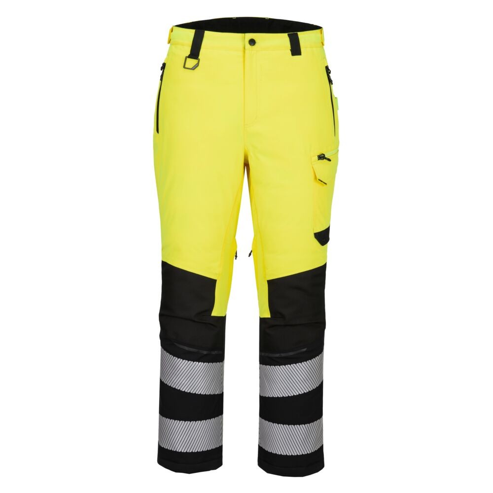 A pair of high-visibility yellow trousers featuring retroreflective tape panels, suitable for a wide range of outdoor and site work applications.