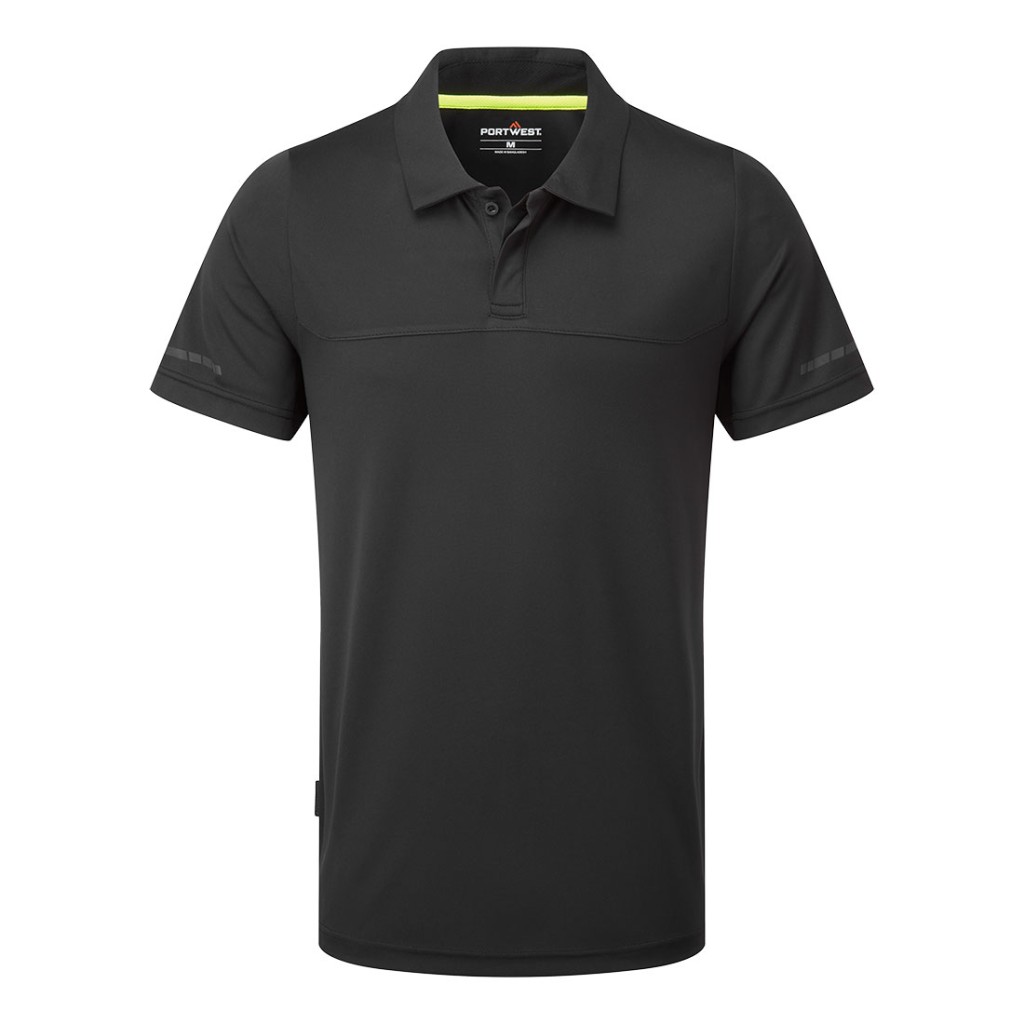 A black polo shirt designed for use on construction sites and in industrial work environments.,