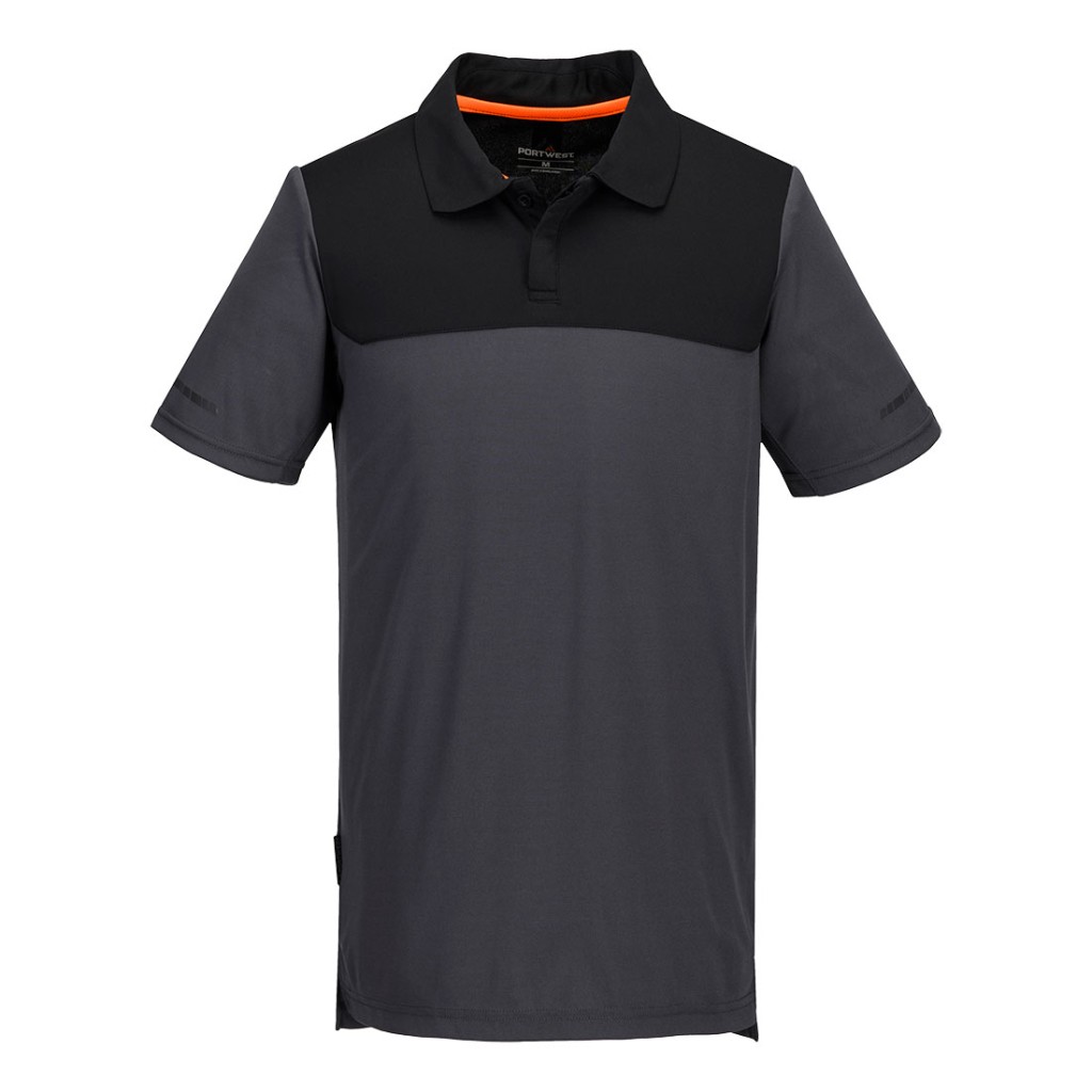 A grey polo shirt designed for use on construction sites and in industrial work environments.,