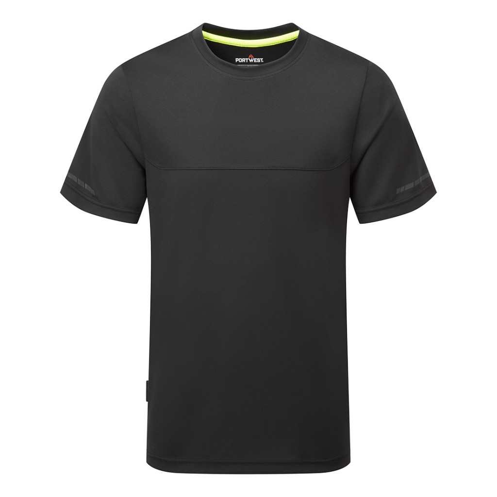 A black work shirt designed for use on construction sites and in industrial work environments.,