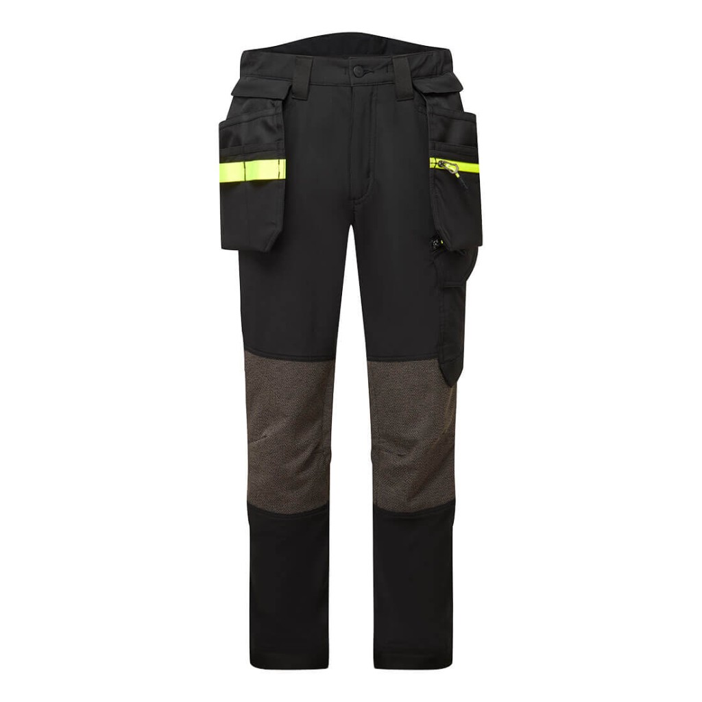 A pair of black work trousers featuring stretch panels for ease of movement, suitable for a wide range of outdoor and site work applications.