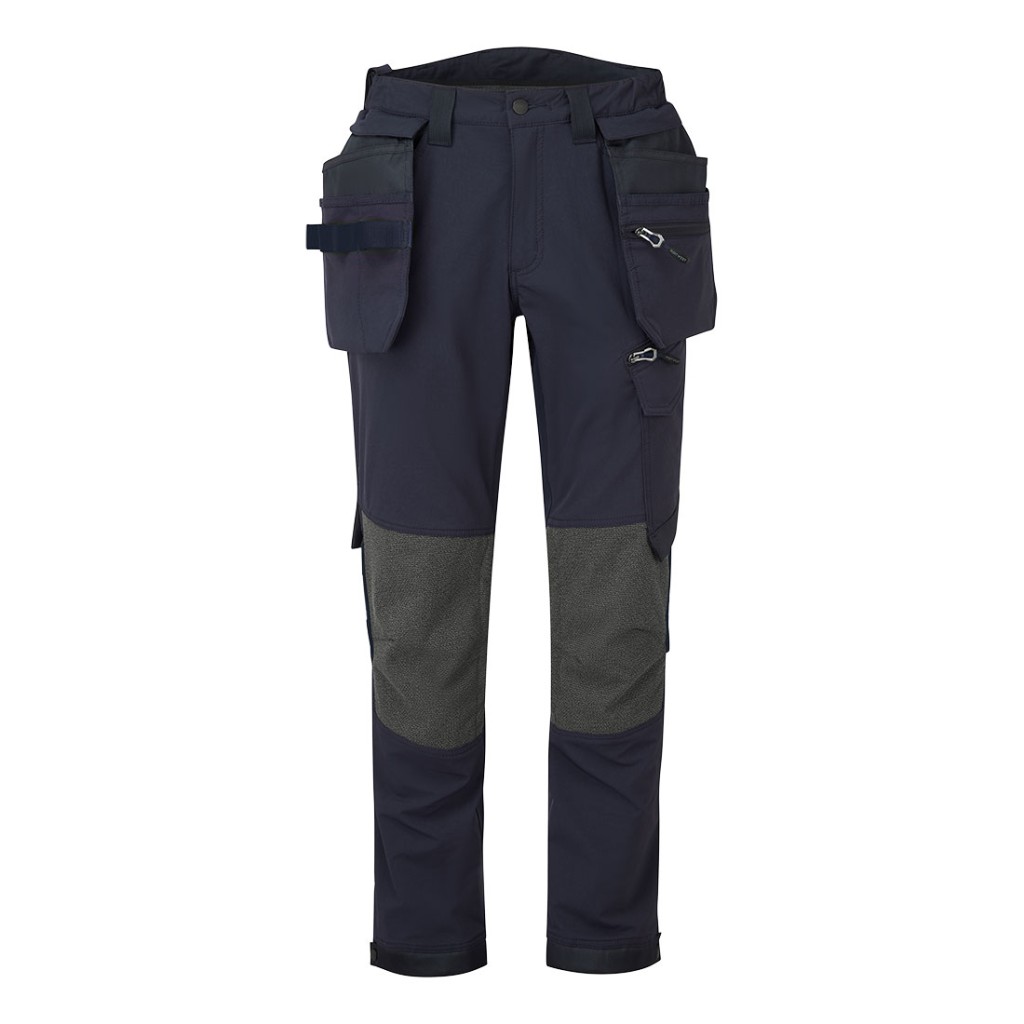 A pair of navy blue work trousers featuring stretch panels for ease of movement, suitable for a wide range of outdoor and site work applications.