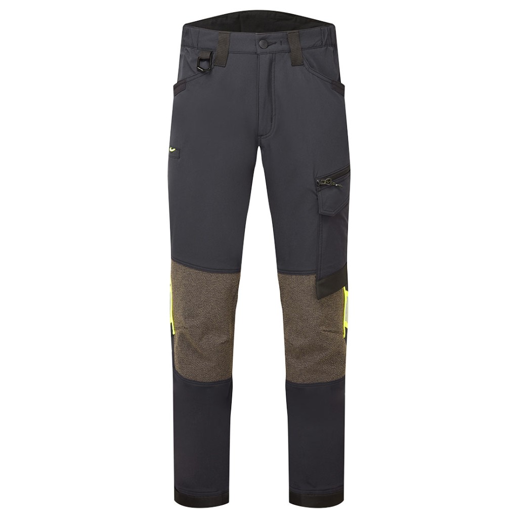 A pair of black work trousers featuring stretch panels for ease of movement, suitable for a wide range of outdoor and site work applications.