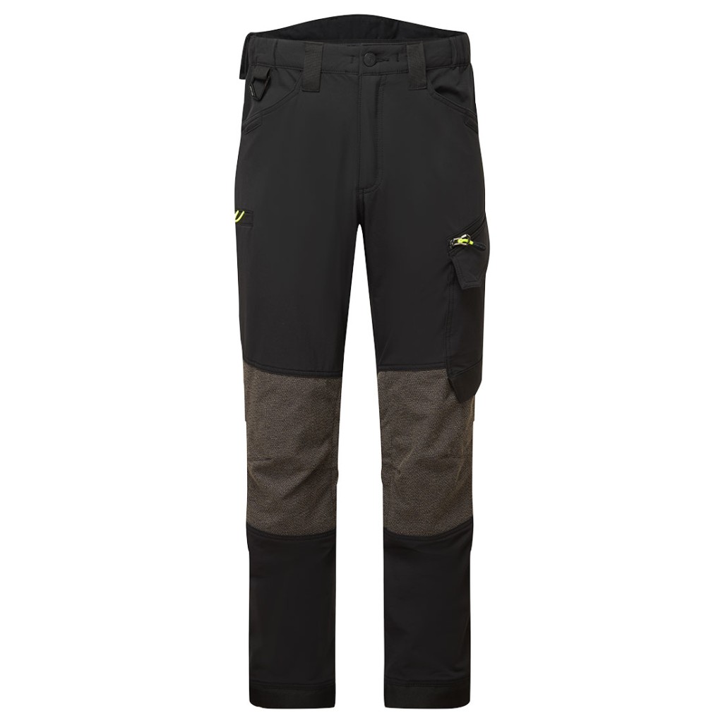 A pair of black work trousers featuring stretch panels for ease of movement, suitable for a wide range of outdoor and site work applications.