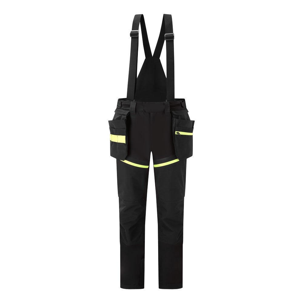 A pair of black work trousers designed for use on construction sites and in industrial work environments.,