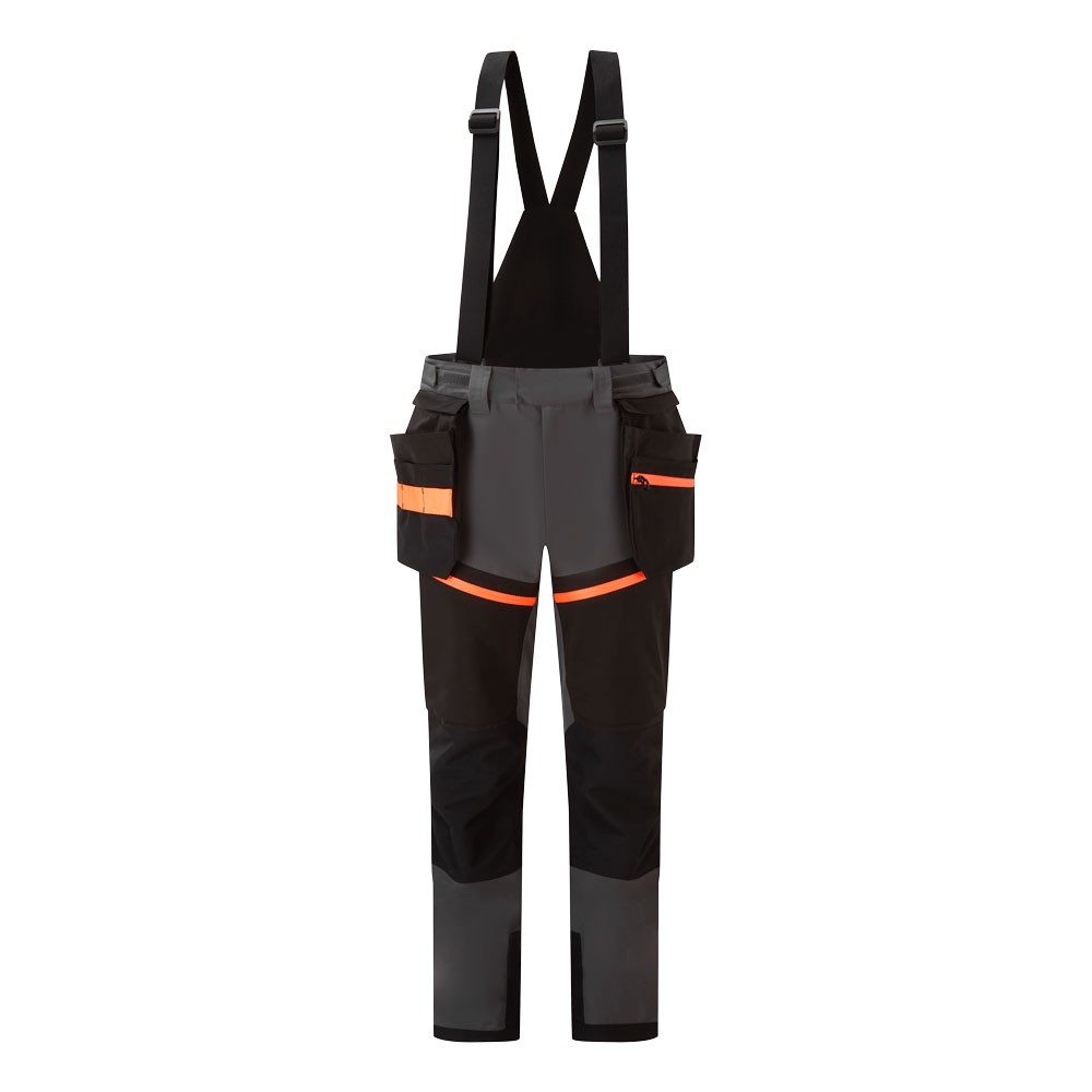 A pair of grey work trousers designed for use on construction sites and in industrial work environments.,