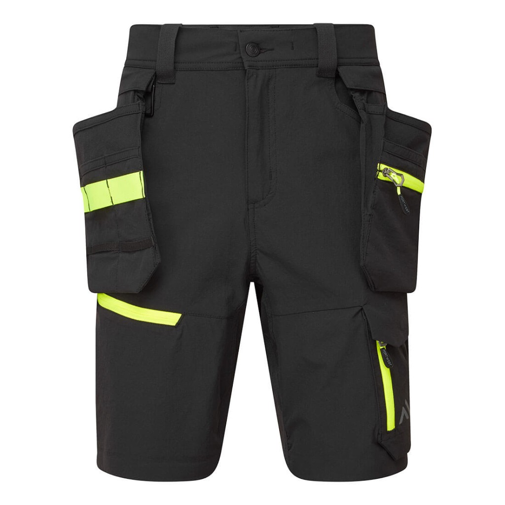 A black workwear garment designed for use on construction sites and in industrial work environments.,