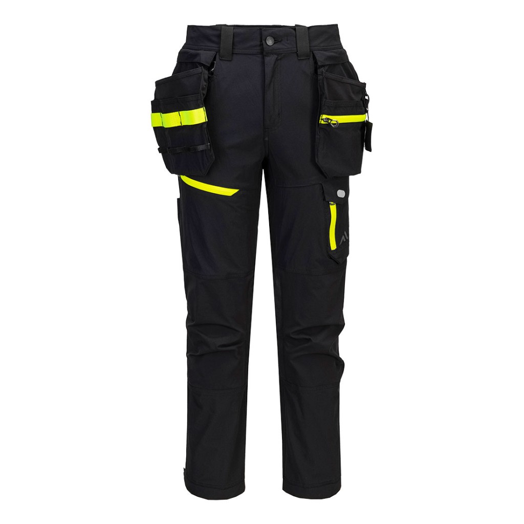 A pair of black work trousers designed for use on construction sites and in industrial work environments.,