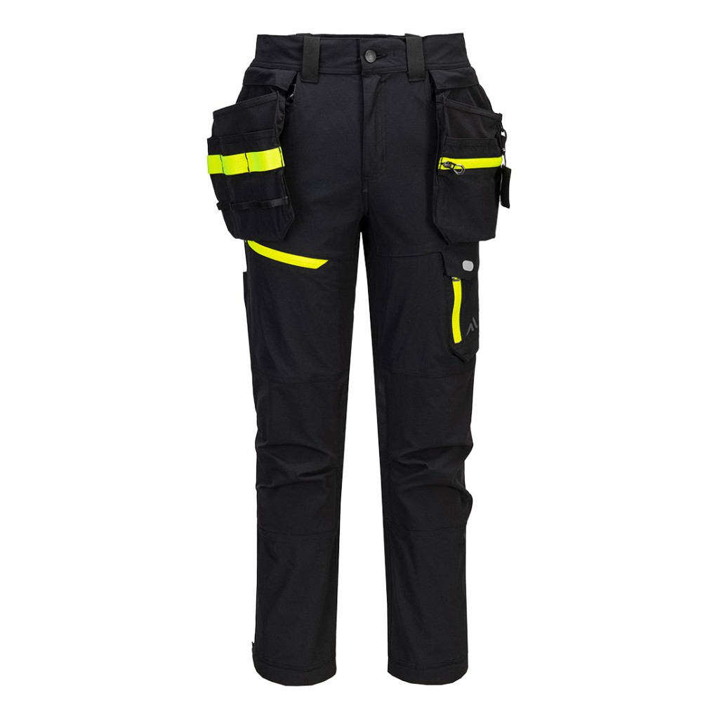A pair of black work trousers designed for use on construction sites and in industrial work environments.,