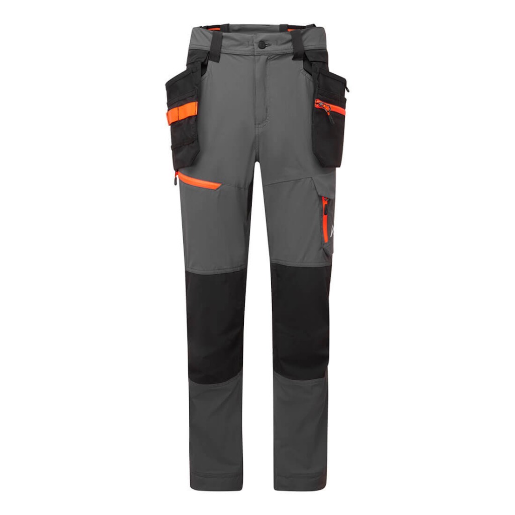 A pair of grey work trousers designed for use on construction sites and in industrial work environments.,