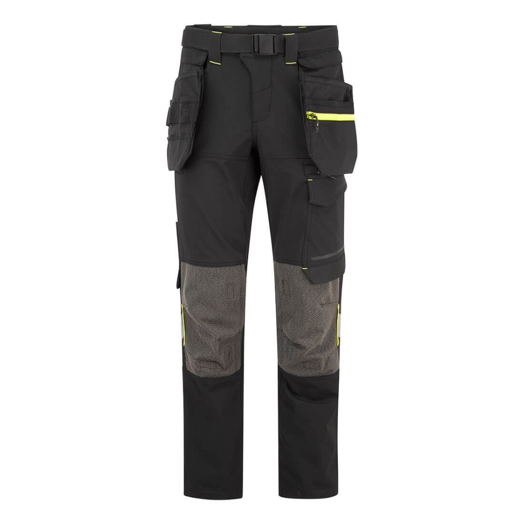 A pair of black work trousers designed for use on construction sites and in industrial work environments.,