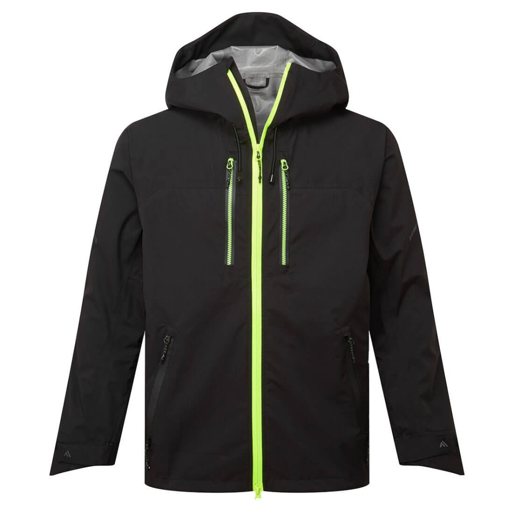 A black jacket designed for use on construction sites and in industrial work environments.,