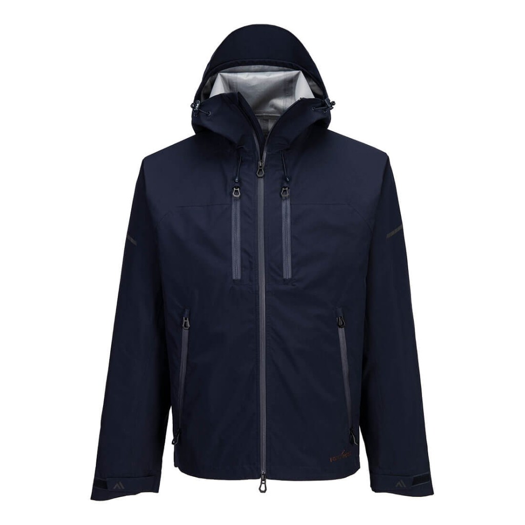 A navy blue jacket designed for use on construction sites and in industrial work environments.,