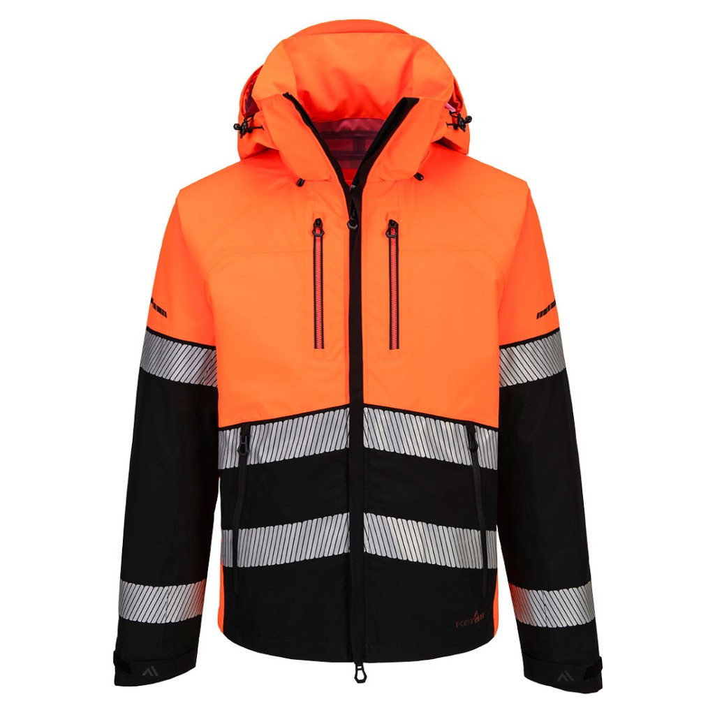 A high-visibility orange jacket featuring retroreflective tape panels, suitable for a wide range of outdoor and site work applications.