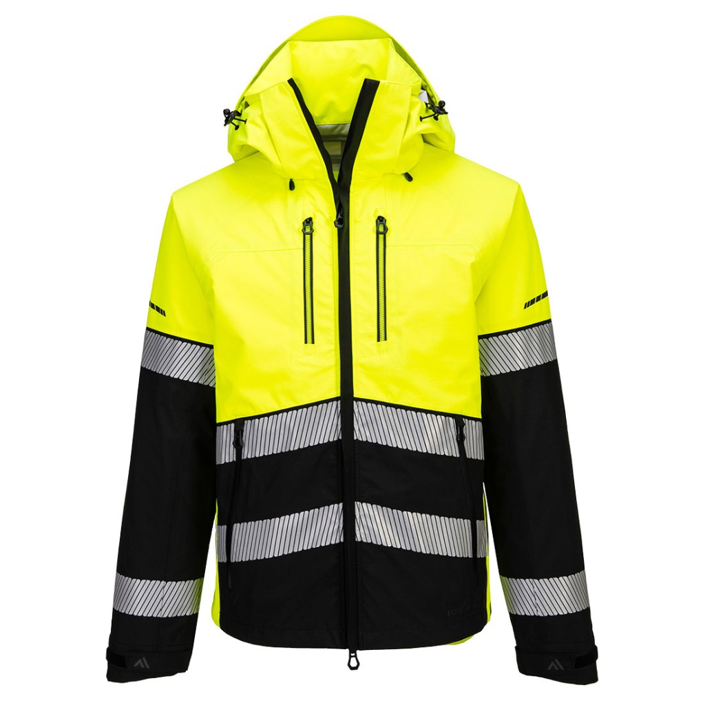A high-visibility yellow jacket featuring retroreflective tape panels, suitable for a wide range of outdoor and site work applications.