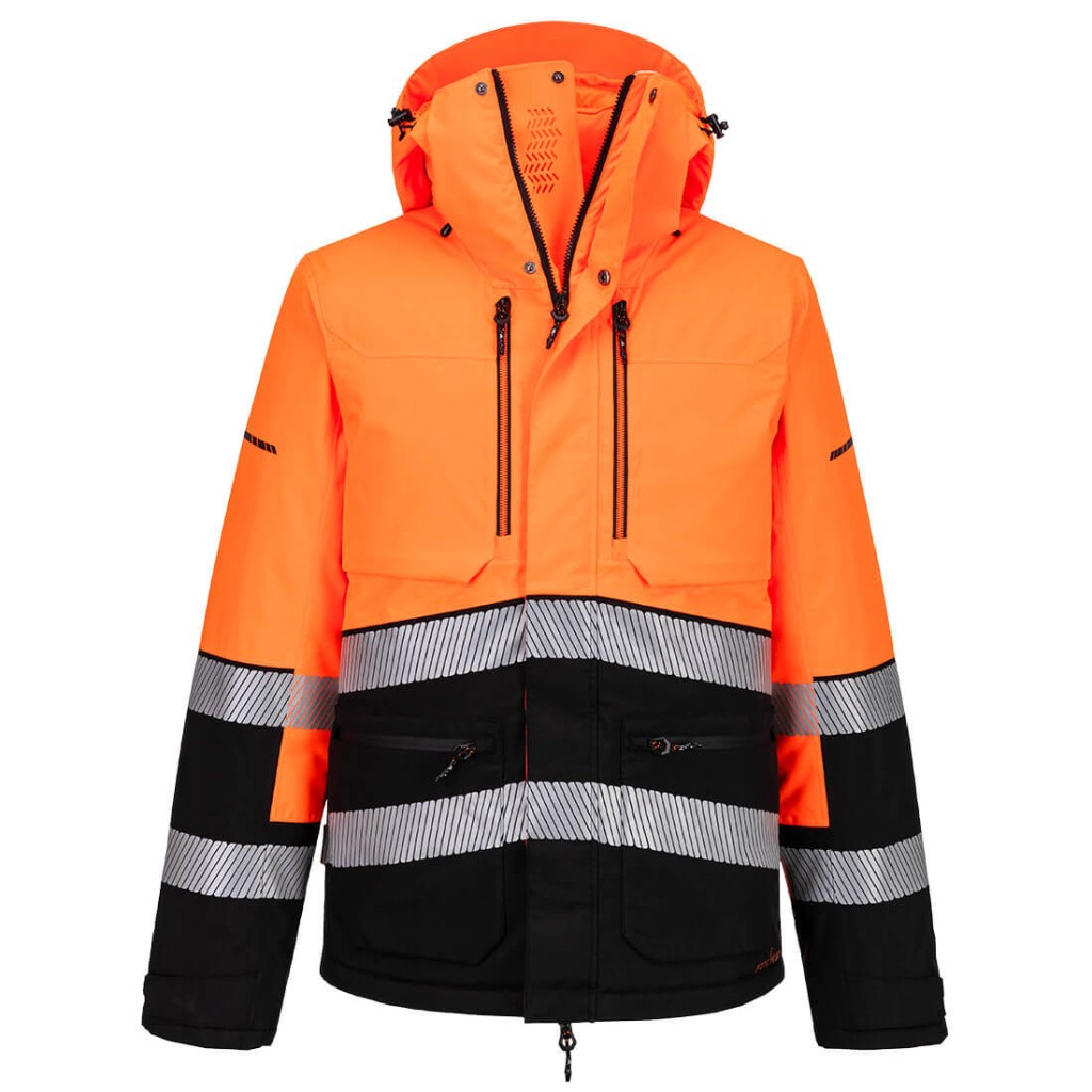 A high-visibility orange jacket featuring retroreflective tape panels, suitable for a wide range of outdoor and site work applications.