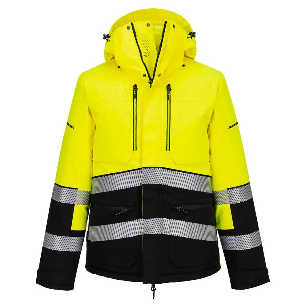 A high-visibility yellow jacket featuring retroreflective tape panels, suitable for a wide range of outdoor and site work applications.