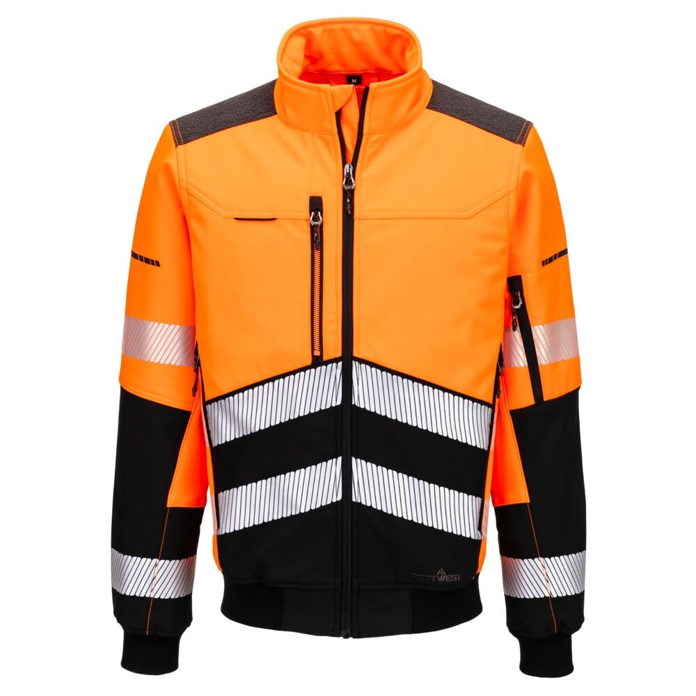 A high-visibility orange softshell jacket featuring retroreflective tape panels, suitable for a wide range of outdoor and site work applications.