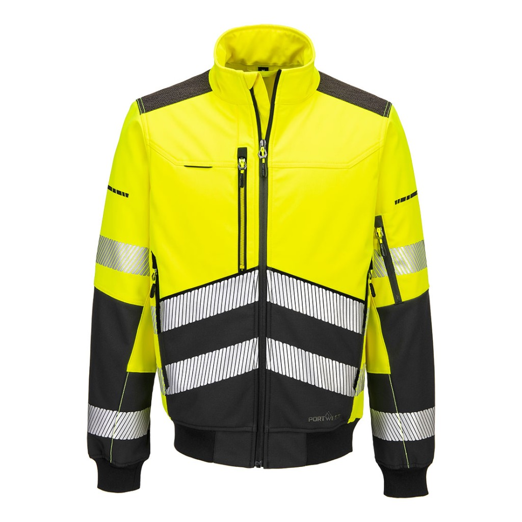 A high-visibility yellow softshell jacket featuring retroreflective tape panels, suitable for a wide range of outdoor and site work applications.