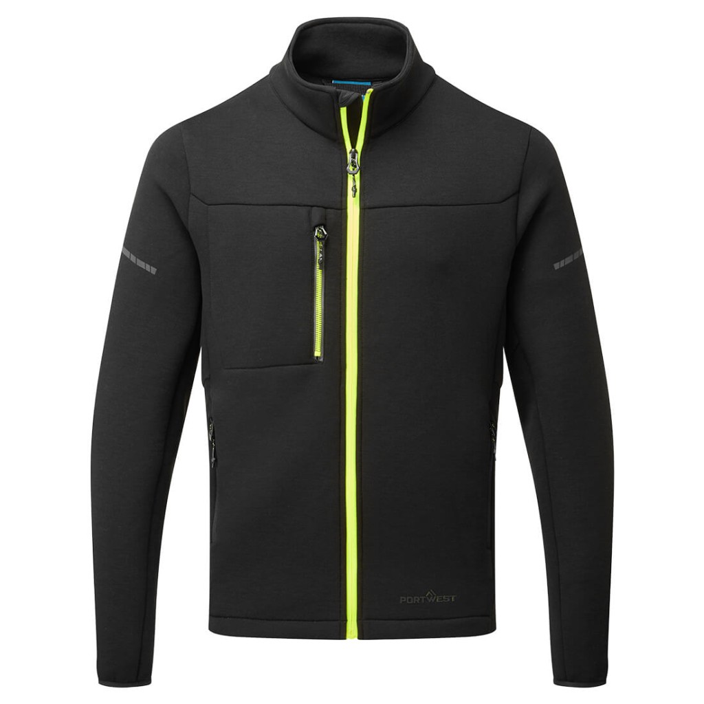 A black workwear garment designed for use on construction sites and in industrial work environments.,