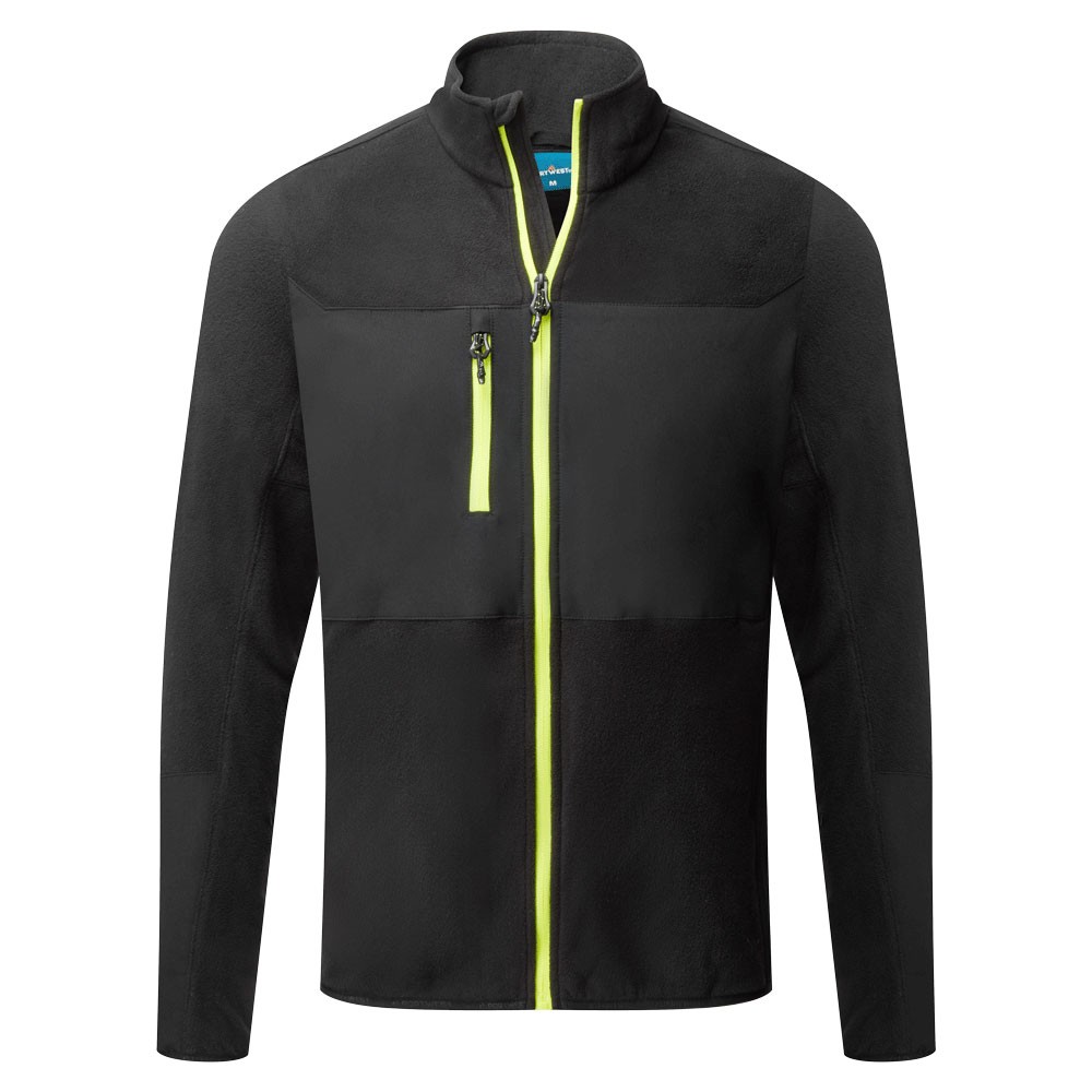 A black workwear garment featuring stretch panels for ease of movement, suitable for a wide range of outdoor and site work applications.