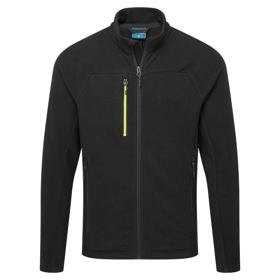 A black workwear garment designed for use on construction sites and in industrial work environments.,