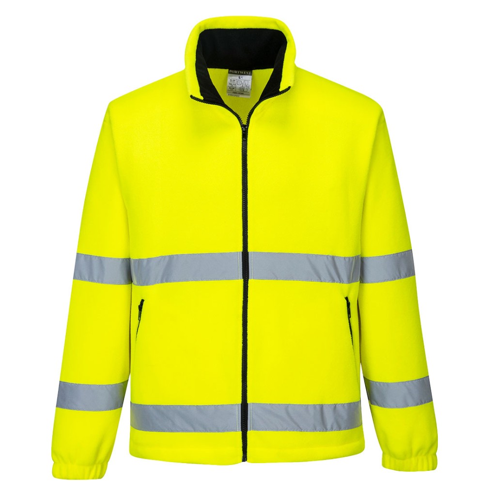 A high-visibility yellow workwear garment featuring retroreflective tape panels, suitable for a wide range of outdoor and site work applications.