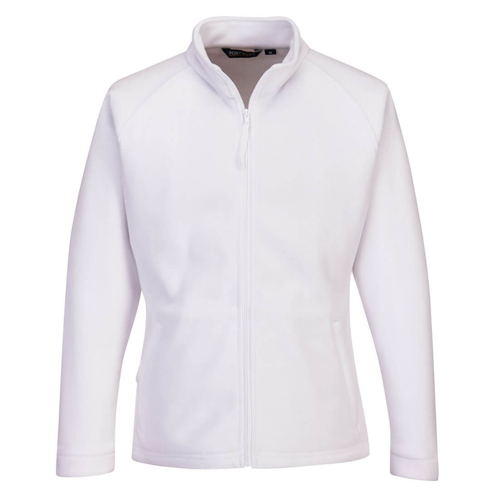 A women's white workwear garment designed for use on construction sites and in industrial work environments.,