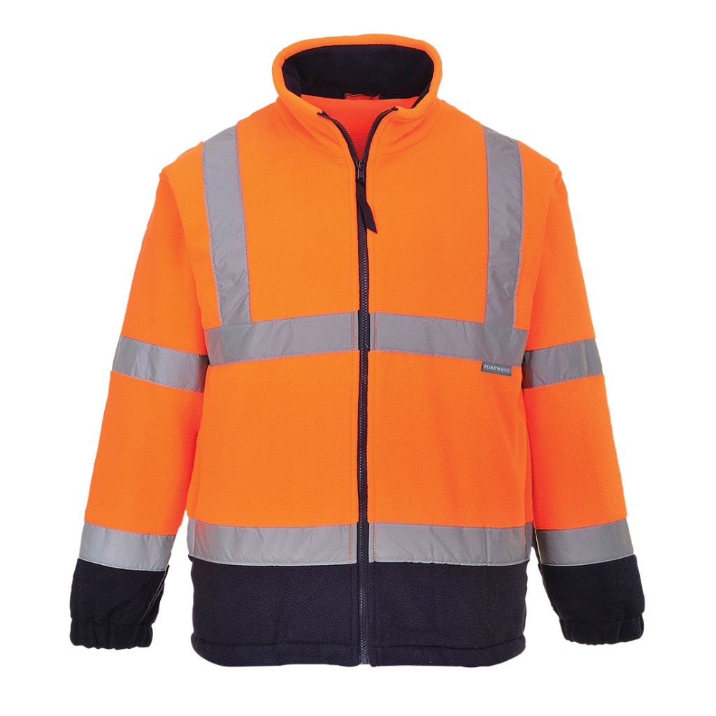 A high-visibility orange workwear garment featuring retroreflective tape panels, suitable for a wide range of outdoor and site work applications.