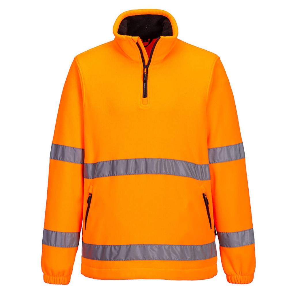 A high-visibility orange workwear garment featuring retroreflective tape panels, a full-length zip front, suitable for a wide range of outdoor and site work applications.