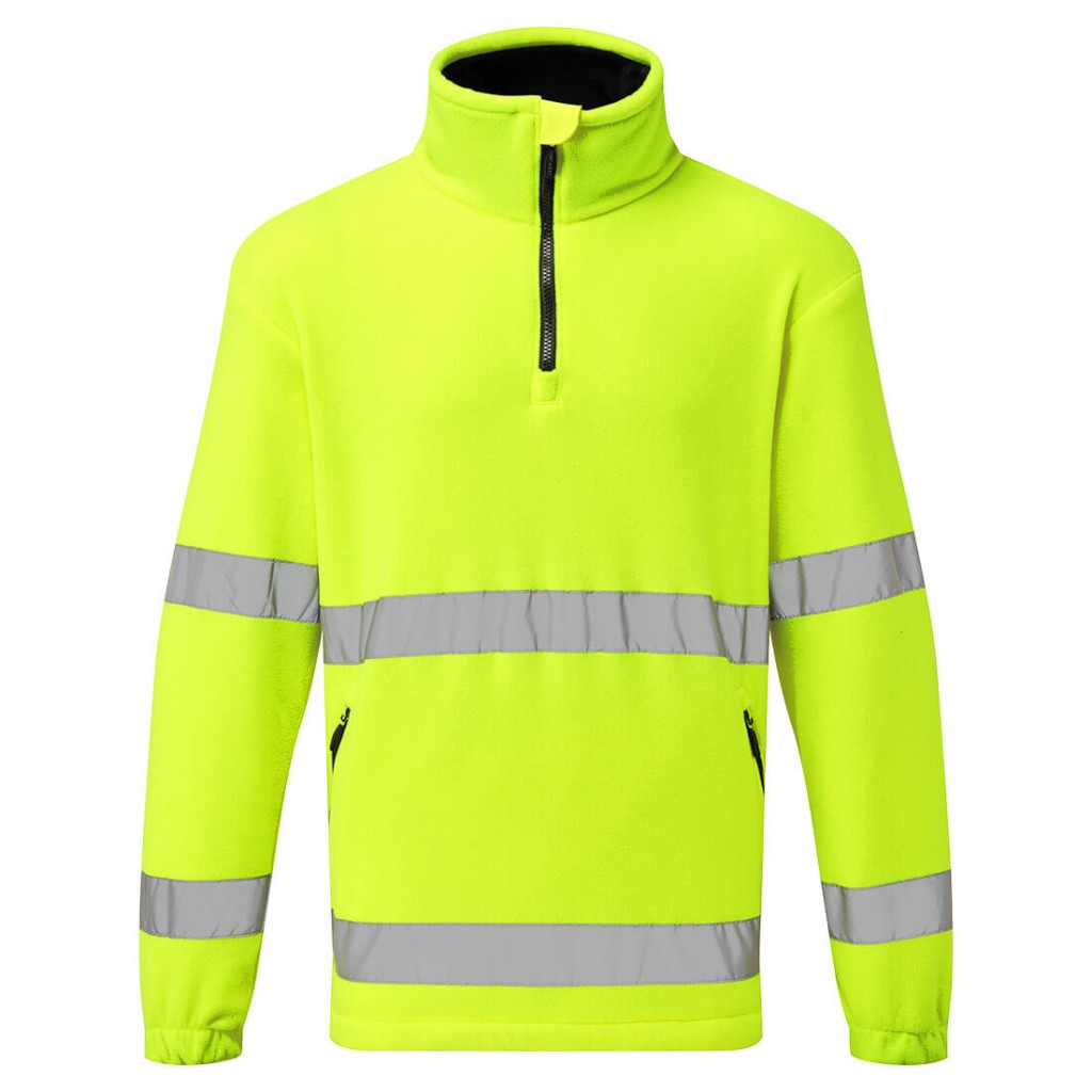 A high-visibility yellow workwear garment featuring retroreflective tape panels, a full-length zip front, suitable for a wide range of outdoor and site work applications.
