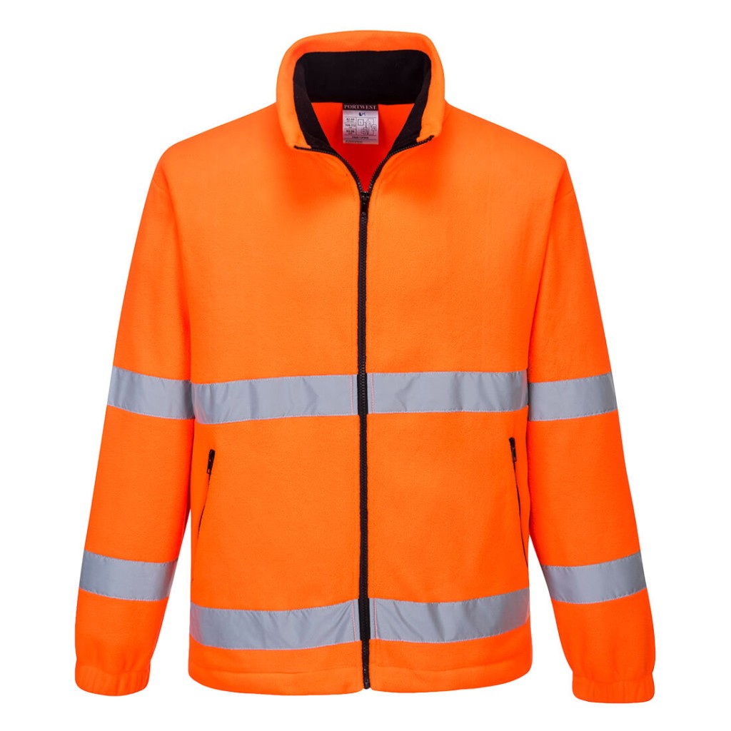 A high-visibility orange workwear garment featuring retroreflective tape panels, suitable for a wide range of outdoor and site work applications.