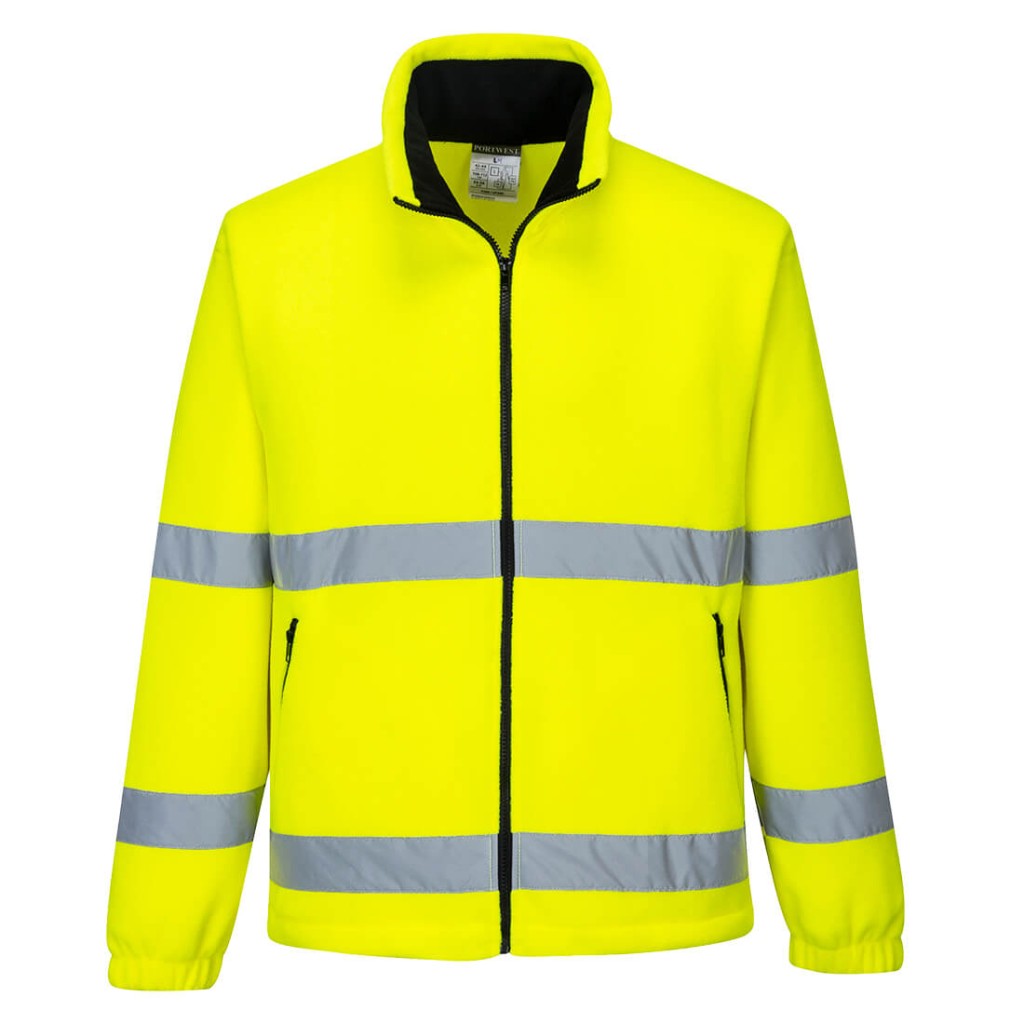 A high-visibility yellow workwear garment featuring retroreflective tape panels, suitable for a wide range of outdoor and site work applications.