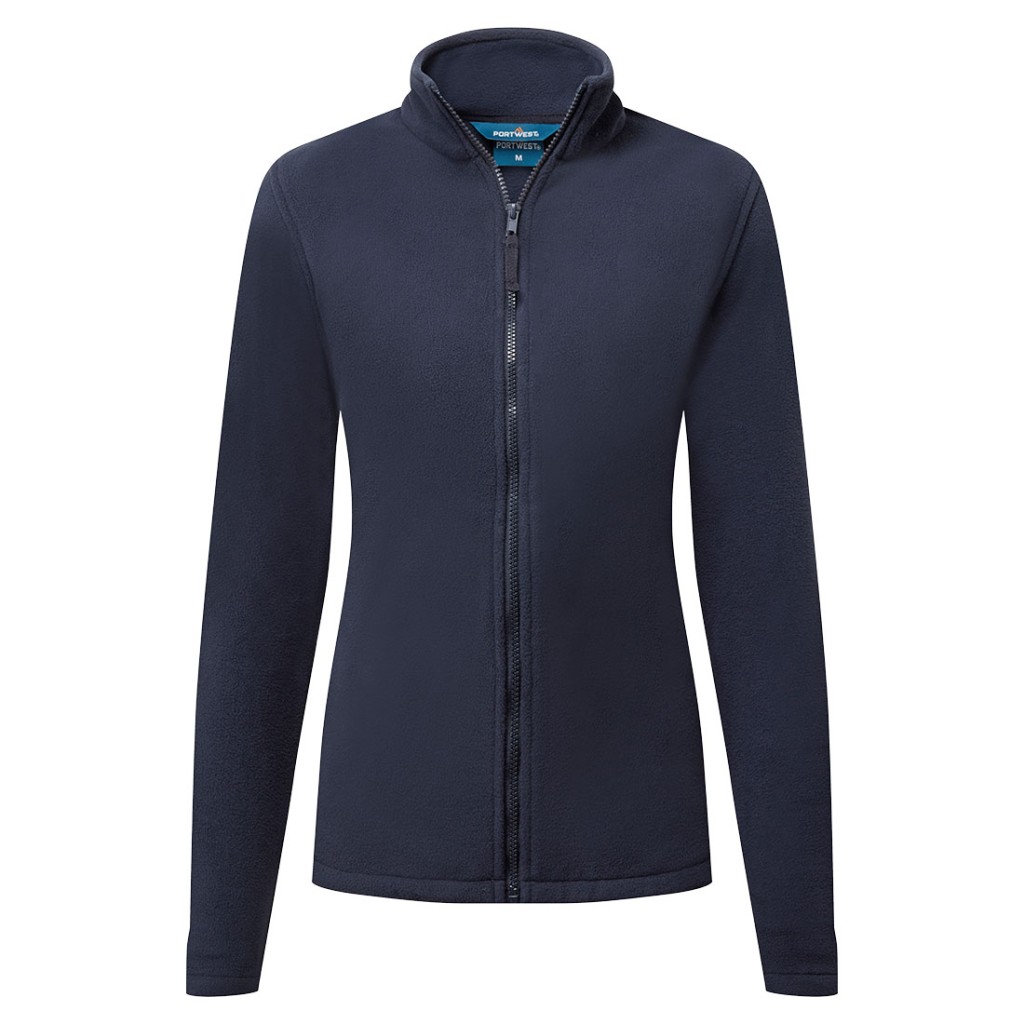 A women's navy blue workwear garment designed for use on construction sites and in industrial work environments.,