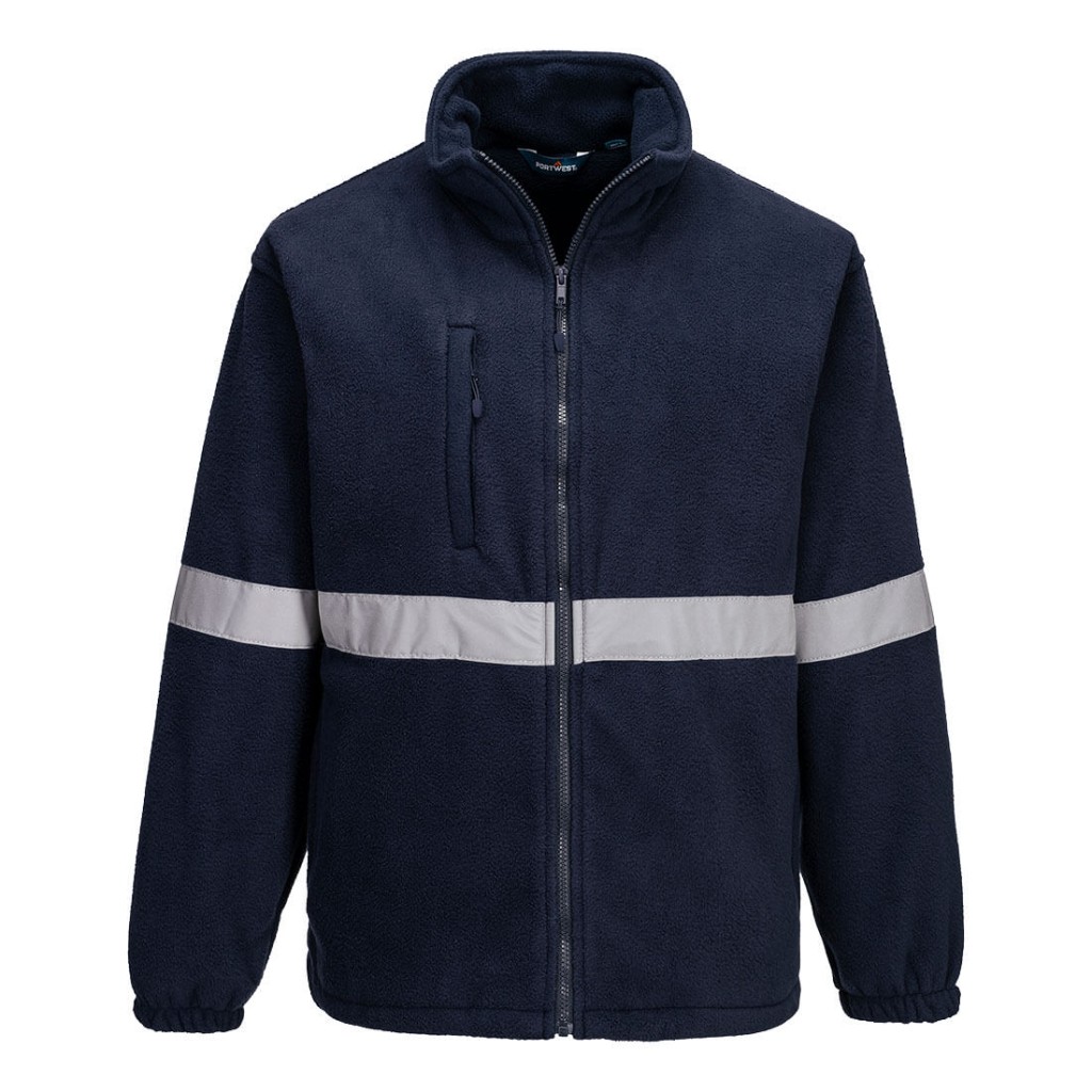 A navy blue workwear garment designed for use on construction sites and in industrial work environments.,