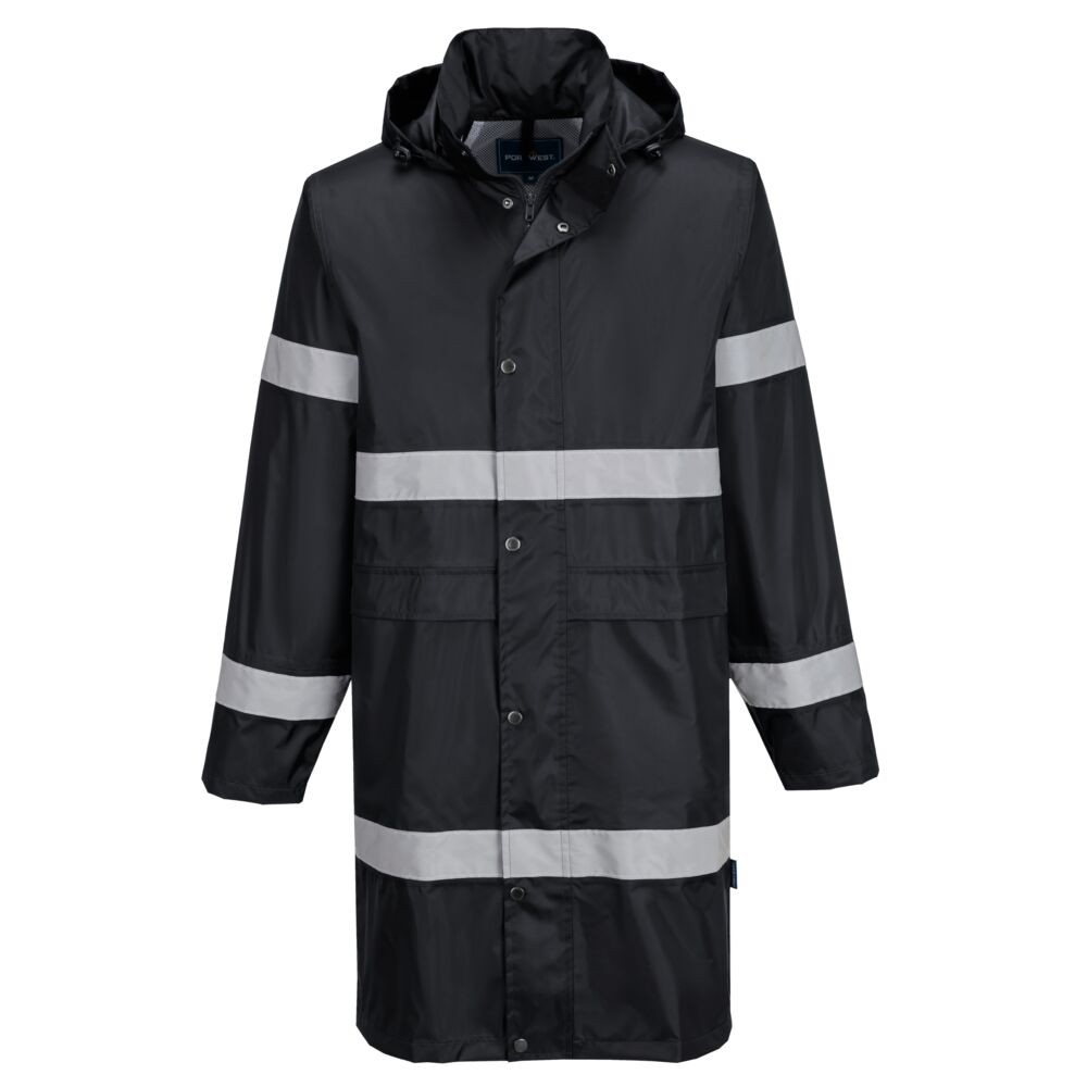 A black waterproof jacket designed for use on construction sites and in industrial work environments.,