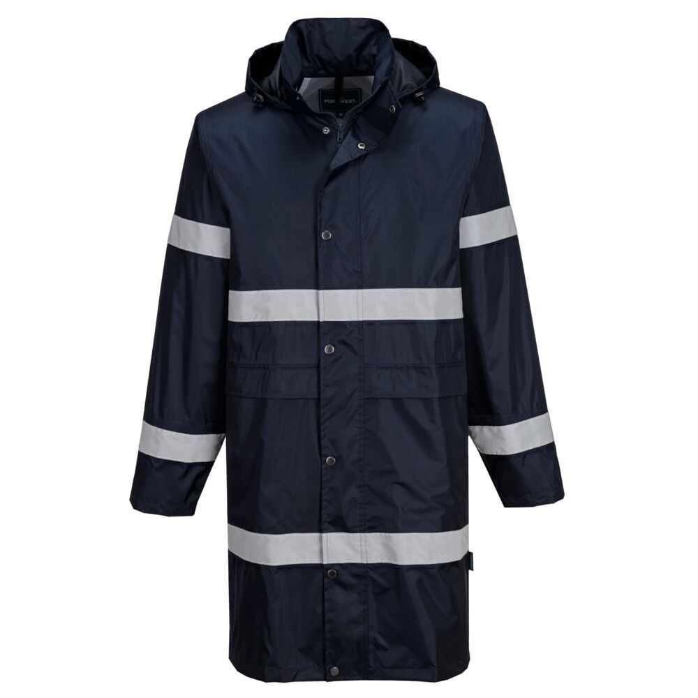 A navy blue waterproof jacket designed for use on construction sites and in industrial work environments.,