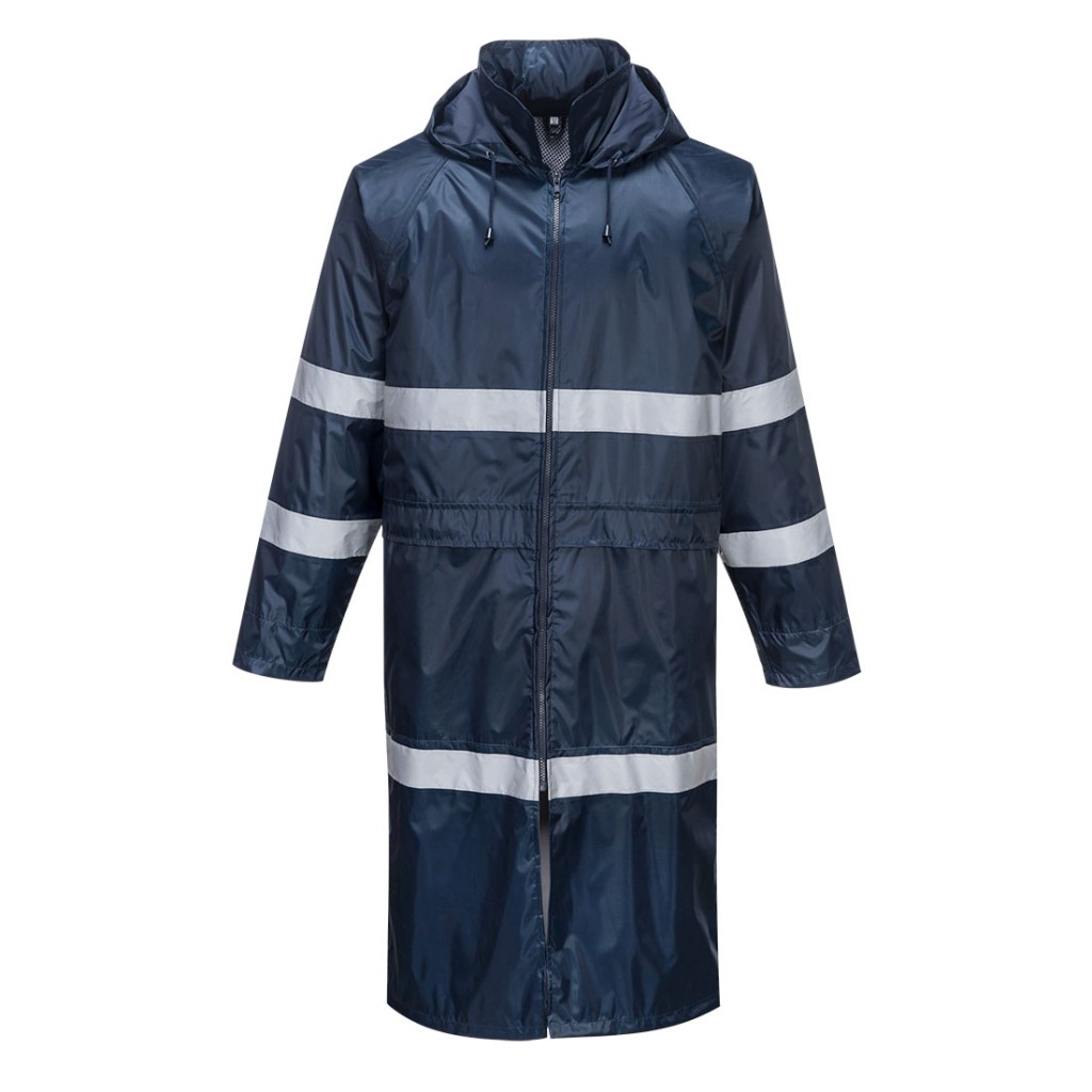 A navy blue waterproof jacket designed for use on construction sites and in industrial work environments.,