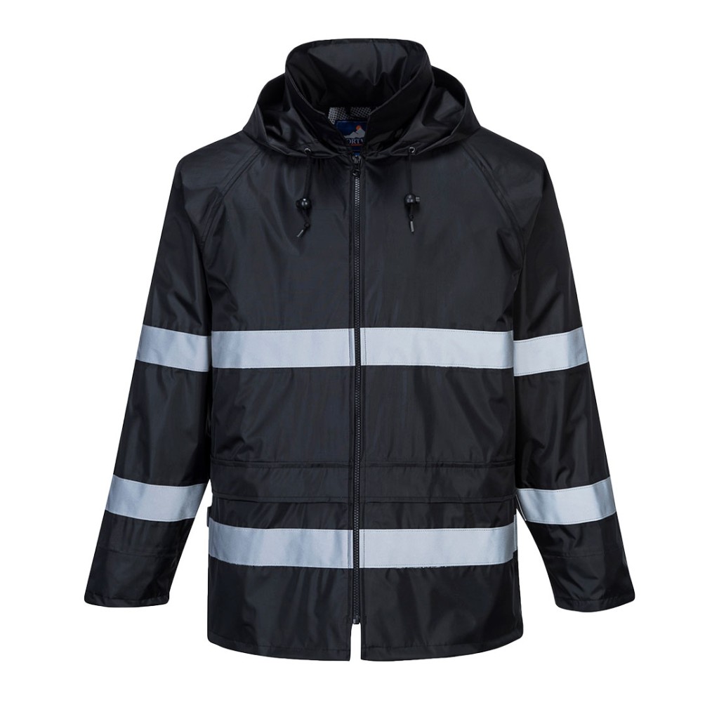 A black waterproof jacket designed for use on construction sites and in industrial work environments.,
