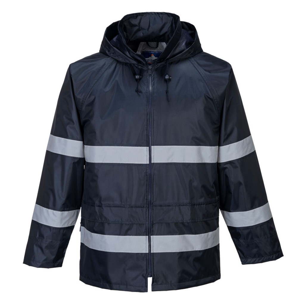 A navy blue waterproof jacket designed for use on construction sites and in industrial work environments.,