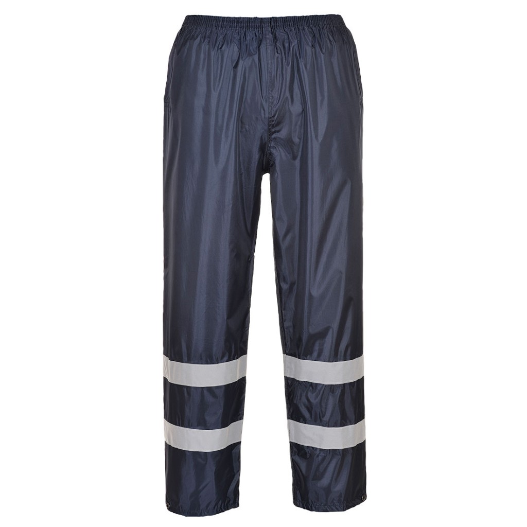A pair of navy blue work trousers designed for use on construction sites and in industrial work environments.,