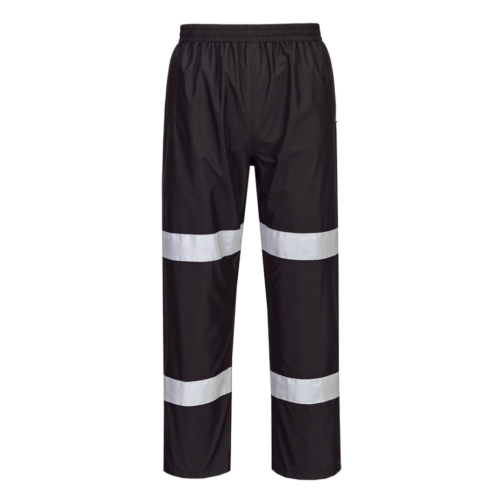 A pair of black work trousers designed for use on construction sites and in industrial work environments.,