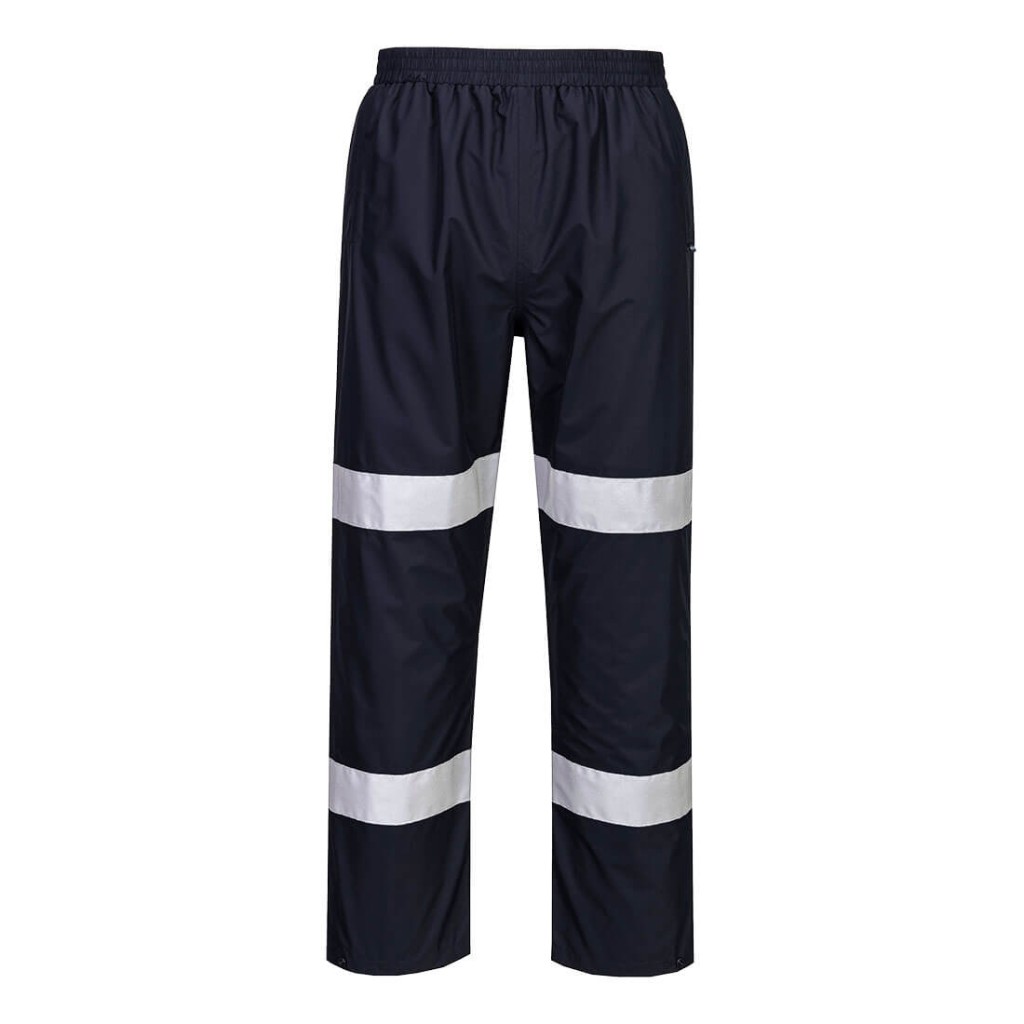 A pair of navy blue work trousers designed for use on construction sites and in industrial work environments.,