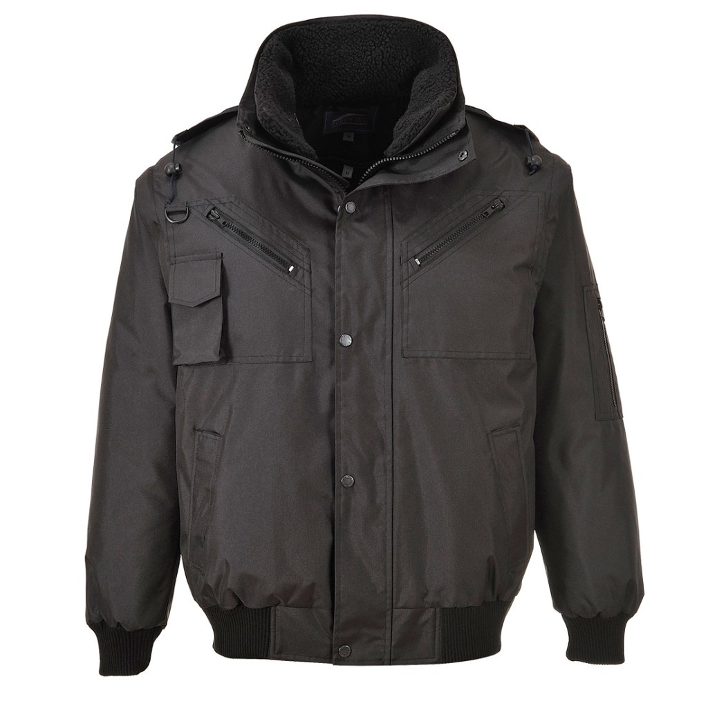 A black jacket designed for use on construction sites and in industrial work environments.,