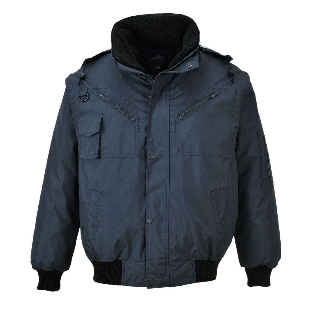 A navy blue jacket designed for use on construction sites and in industrial work environments.,