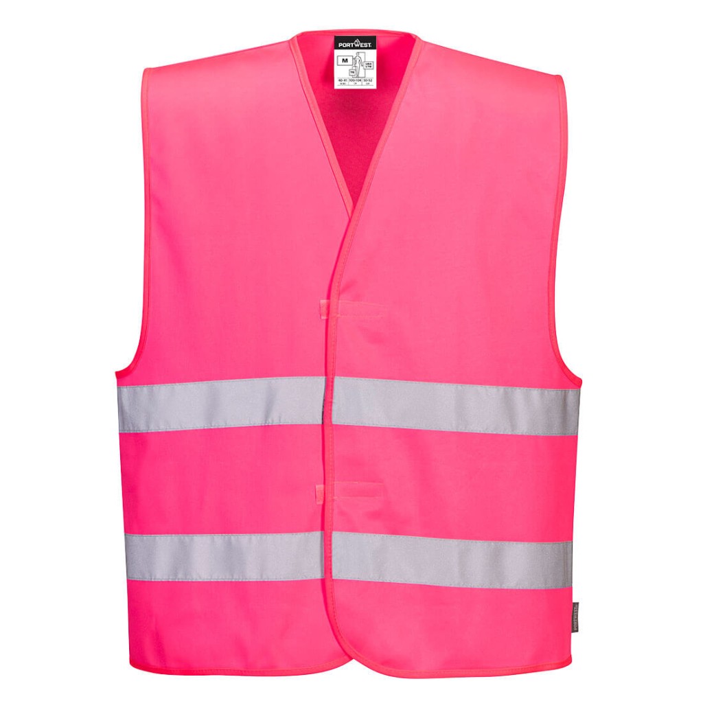 A pink safety vest designed for use on construction sites and in industrial work environments.,