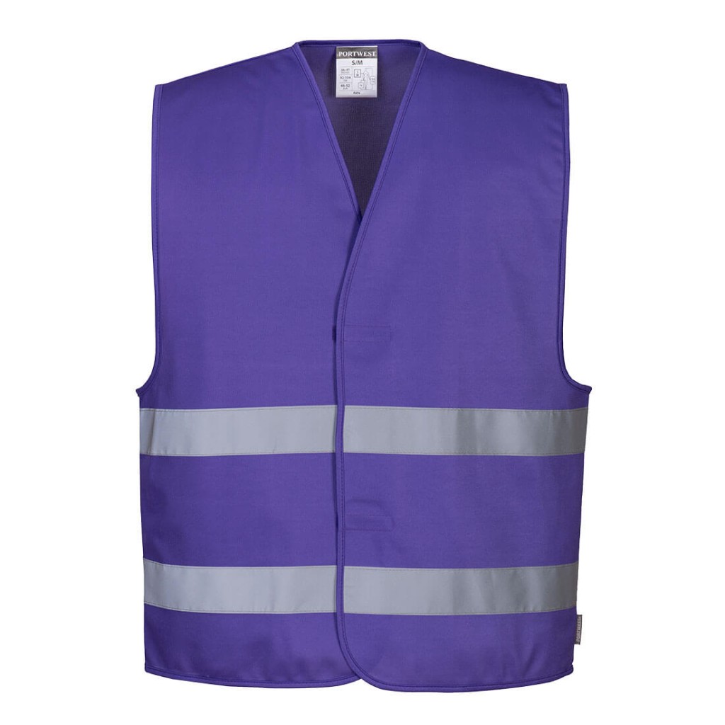A purple safety vest designed for use on construction sites and in industrial work environments.,