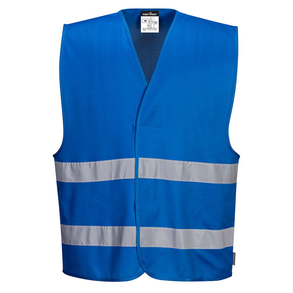 A blue safety vest designed for use on construction sites and in industrial work environments.,