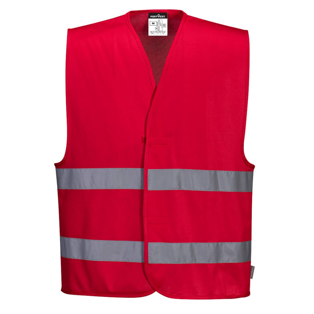 A red safety vest designed for use on construction sites and in industrial work environments.,